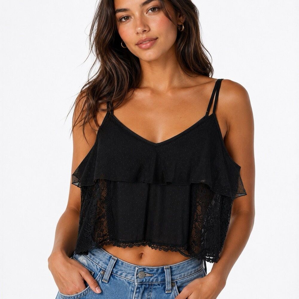 American Eagle Black Lace Camisole Medium Babydoll Crop Top Y2K Fairy Grunge
